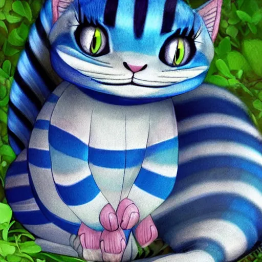 Prompt: cute blue striped cheshire cat. an adorable cat with light blue stripes, blue eyes and a big mischievous smile. stunning digital art by eva balloon. fluffy, soft