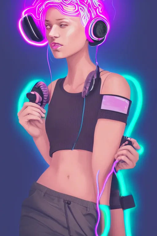 Image similar to a award winning half body portrait of a beautiful woman with stunning eyes in a croptop and cargo pants with ombre purple pink teal hairstyle with headphones on her ears by thomas danthony, surrounded by whirling illuminated lines, outrun, vaporware, shaded flat illustration, digital art, trending on artstation, highly detailed, fine detail, intricate