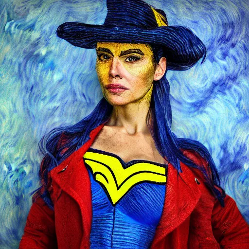 Prompt: Portrait photograph of Gal Godot cosplaying as Vincent van Gogh Wonder Woman by Claude Monet, rendered in Unreal Engine, original digital art, RTX On