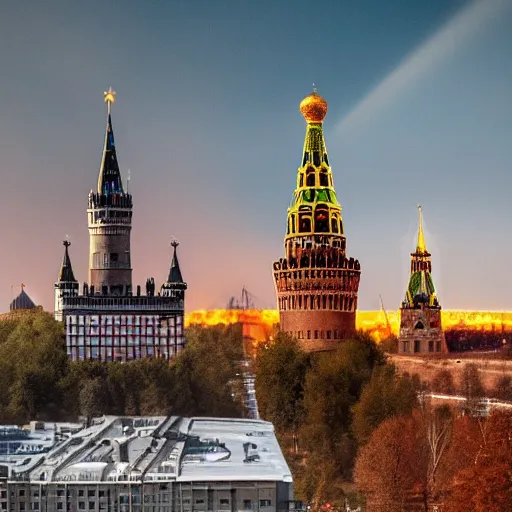 Image similar to photo of burning tower of Kremlin, highly detailed, 8k