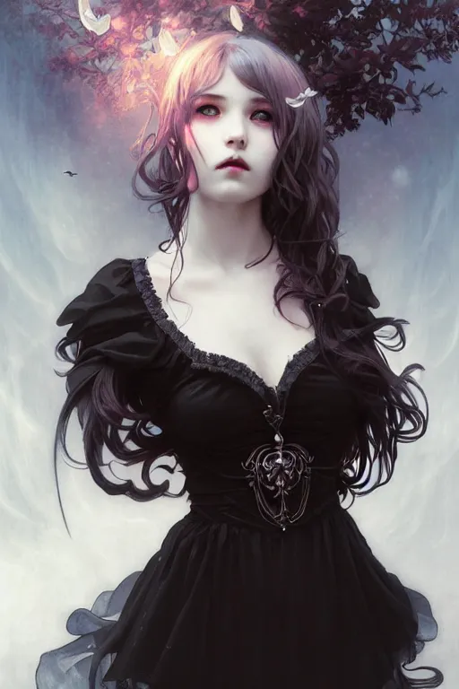 Image similar to portrait of radical lolita girl, dreamy and ethereal, dark eyes, peaceful expression, ornate goth dress, dark fantasy, chaotic, elegant, black crows flying, highly detailed, digital painting, artstation, concept art, smooth, sharp focus, illustration, art by artgerm and greg rutkowski and alphonse mucha