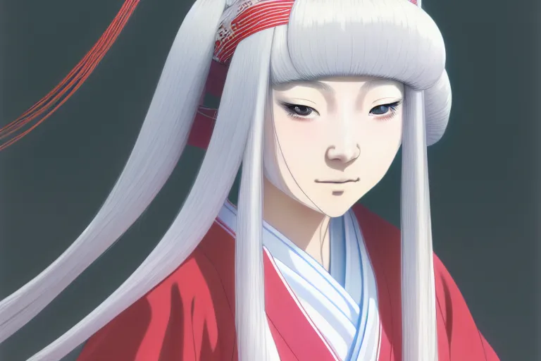 Image similar to portrait of a young japanese girl with long white hair in traditional clothing at a shinto shrine, fine detailed features, trending on pixiv fanbox, ilya kuvshinov makoto shinkai takashi takeuchi studio ghibli, akihiko yoshida, 4 k