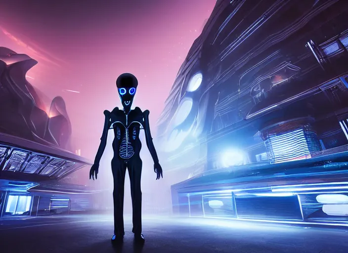 Image similar to medium shot, an alien with beautiful glowing eyes, detailed symmetrical face and skin, wearing a long flowing cloth shirt over stylish futuristic suit poses beside an outpost with tall detailed structures with lights in the night sky, incredible detail, anamorphic 2 0 mm lens, cinematic flare, photorealistic!!!