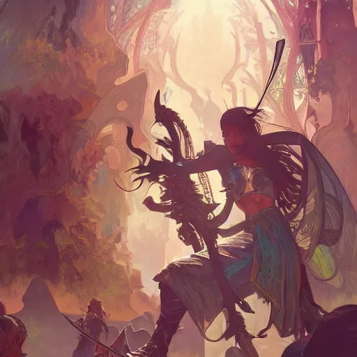 Image similar to magic the gathering illustration of a battle scene between angles, intricate, wild, highly detailed, digital painting, artstation, upper body, concept art, smooth, sharp focus, illustration, art by alphonse mucha