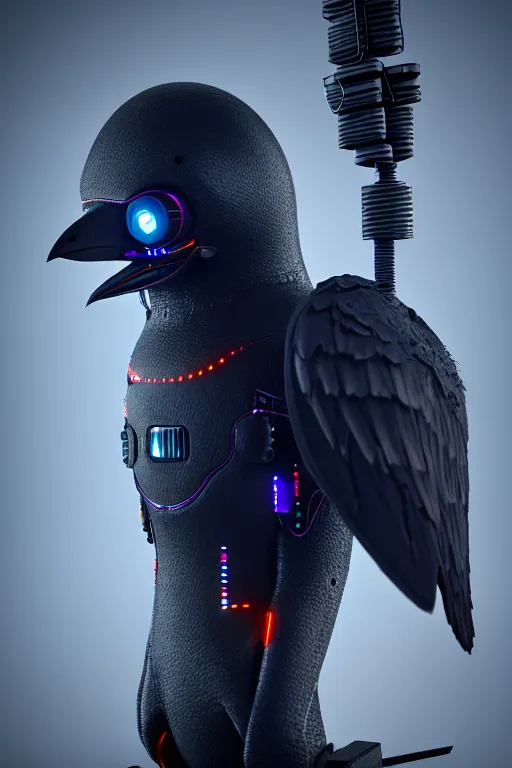 Image similar to high quality 3 d render very cute cyborg crow! incorporated speakers!, cyberpunk highly detailed, unreal engine cinematic smooth, in the style of blade runner & detective pikachu, hannah yata charlie immer, moody light, low angle, uhd 8 k, sharp focus