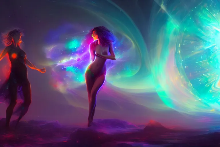 Prompt: love in cosmic era, illustration, sexy, chaotic, goddess, anomaly, star born, mist, iridiscent explosion background, volumetric lighting, soft lighting, soft details, painting oil on canvas by johannes voss and marta nael, octane render, HDR, trending on artstation, 4k, 8k, HD