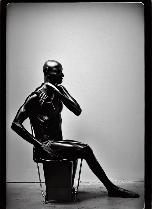 Prompt: polaroid fashion photography, flash photography, photo taken in a back storage room where you can see empty shelves in the background, 3 / 4 view portrait head chest and arms portrait of an android with an adult male human looking face, the android is sitting in a thinker's pose and is pondering the meaning of its existence, the thinker by auguste rodin