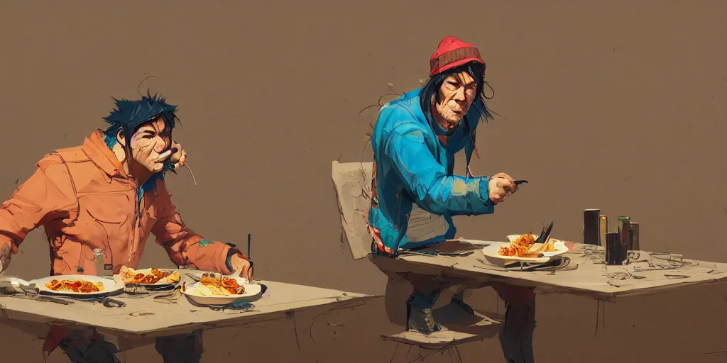 Image similar to cartoonish neil young eating dinner, vivid colors, character sheet, fine details, concept design, contrast, kim jung gi, greg rutkowski, trending on artstation, 8 k, full body, turnaround, front view, back view, ultra wide angle