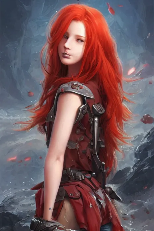 Prompt: beautiful cute red haired joyful and playful 1 9 year old maiden standing up in casual clothing, long hair, rpg character, sci - fi, fantasy, intricate, elegant, digital painting, artstation, concept art, smooth, 8 k frostbite 3 engine, ultra detailed, art by artgerm and greg rutkowski and magali villeneuve