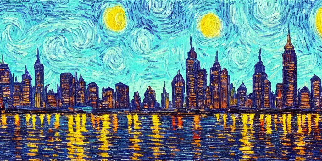 Image similar to new york city skyline painted in the style of vincent van gogh