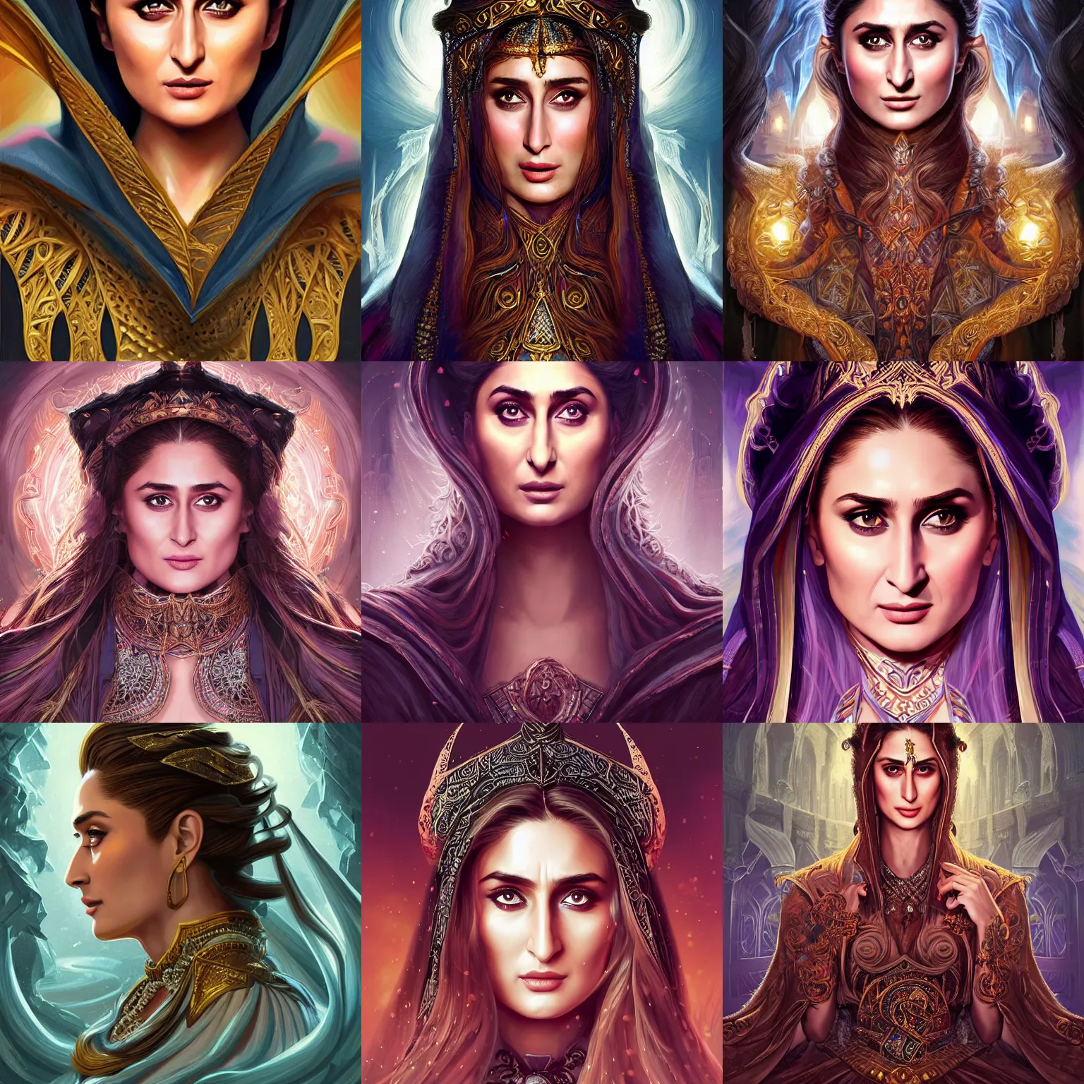 Prompt: head-on centered symmetrical painted portrait, Kareena Kapoor Khan as a D&D Mage, intricate fantasy robes, dramatic lighting, intricate, fantasy, intricate, elegant, highly detailed, digital painting, smooth, sharp focus, illustration, dramatic lighting, artstation, in the style of Artgerm and Anna Podedworna