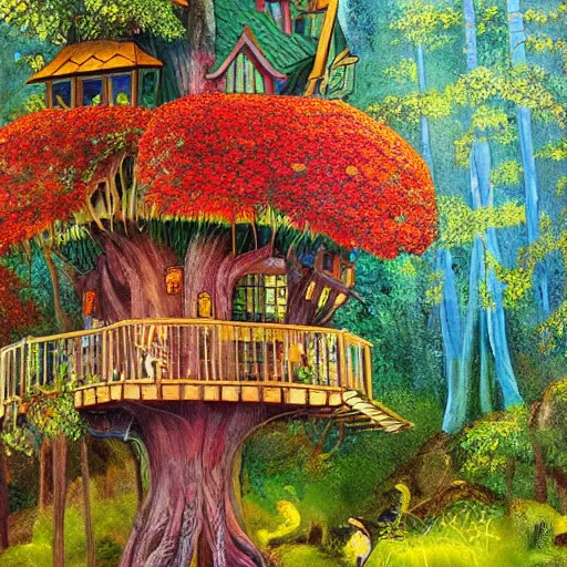 Prompt: fancy treehouse mansion in forest of colorful furry trees and furry flowers detailed magical realism painting