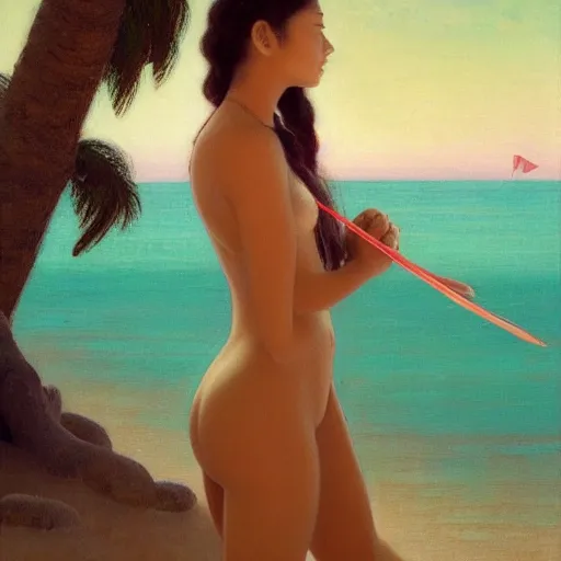 Prompt: a ultradetailed beautiful painting of a latina brazilian girl holding a bow in the beach by hsiao ron cheng, ngai victo, nivanh chanthara jean delville wlop and dougherty patrick, trending on artstation, mediterranean, palm trees, light sparkles, major arcana sky, sharp focus, soft light