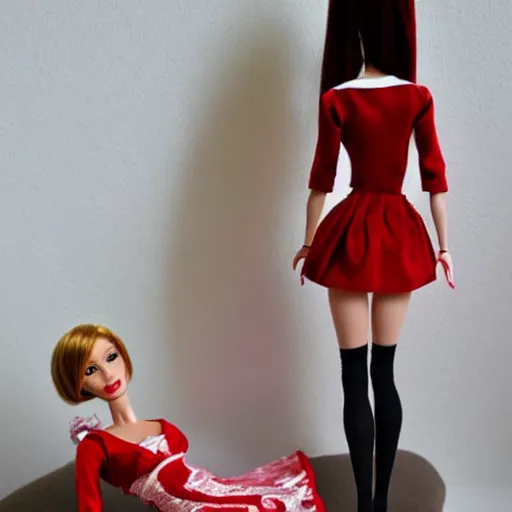 Prompt: anime barbie doll, in red velvet stockings, a nurse's dress, full length, heels on her feet