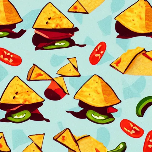 Image similar to cute adobe illustration nachos with cheese and jalapeno illustrations, white background, drawing, cartoon,