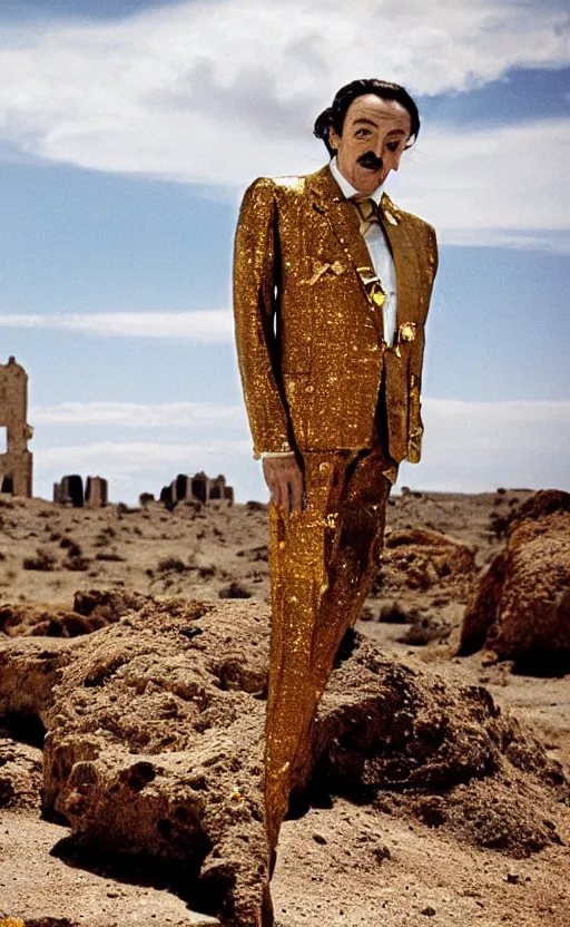 Prompt: salvador dali wearing a golden suit and great crown with blue jewels in a dry rocky desert landscape, visible sky and sunny atmosphere, alien city ruins in the background, film still from the movie by alejandro jodorowsky with cinematogrophy of christopher doyle and art direction by hans giger, anamorphic lens, kodakchrome, very detailed photo, 8 k