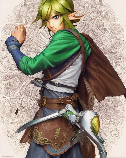 Image similar to if link was a real boy, beautiful shadowing, 3 d shadowing, reflective surfaces, 8 k, beautifully detailed pencil illustration, intricate, epic composition, masterpiece, bold complimentary colors. stunning masterfully illustrated by artgerm, range murata, alphonse mucha