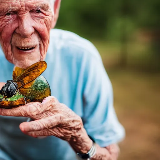 Prompt: an elderly man eating a giant bug, canon eos r 3, f / 1. 4, iso 2 0 0, 1 / 1 6 0 s, 8 k, raw, unedited, symmetrical balance, in - frame