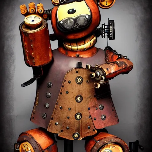 Image similar to steampunk animatronic, five nights at freddys, detailed, scary