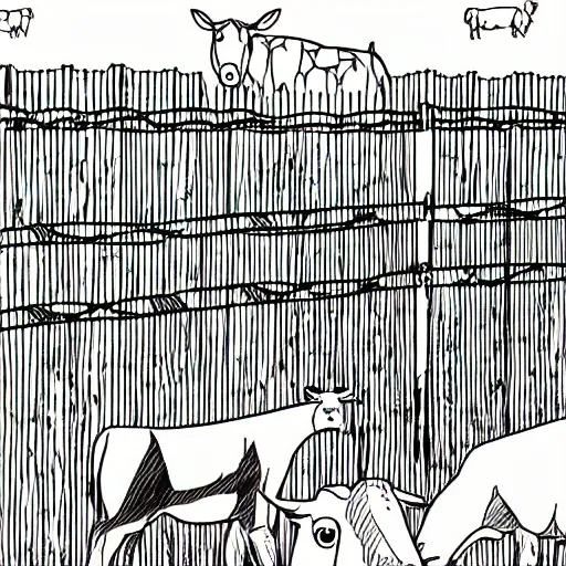 Prompt: farm animals in a fenced area, black and white, coloring book, line drawing
