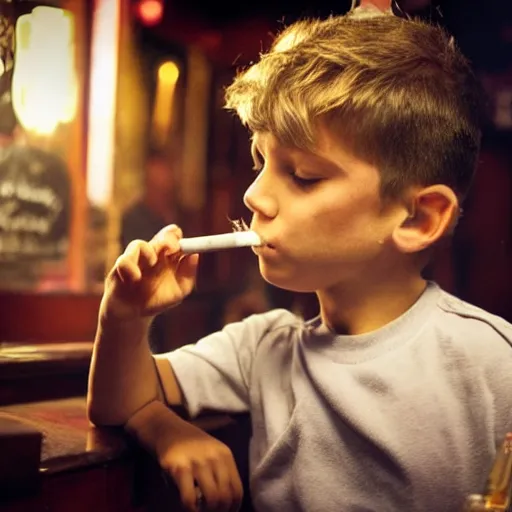 Prompt: a kid smoking a cigarette in an Irish pub. Photo
