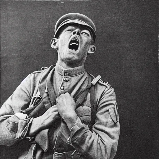 Image similar to horrified screaming World War 1 soldier, portrait, black and white photography