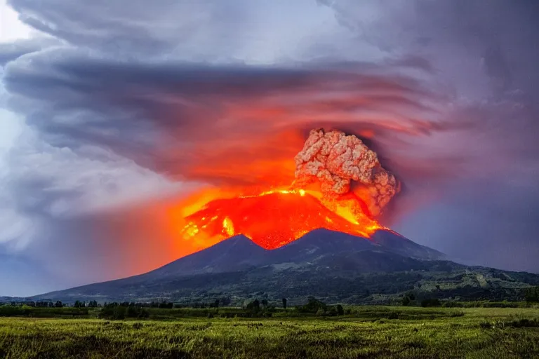Image similar to peaceful sunny landscape with burning volcano in center and heavy thunderstorm above it by balaksas