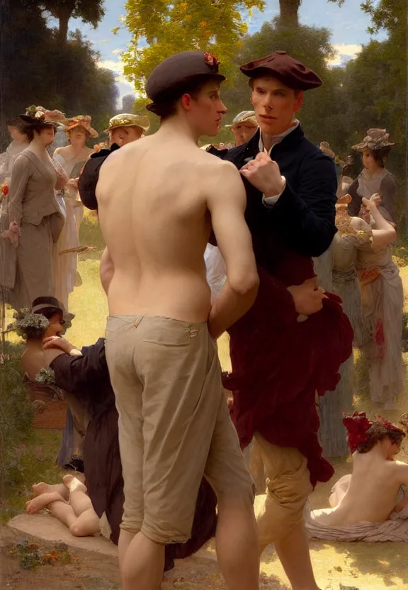 Image similar to attractive handsome fully clothed christopher tietjens confesses his love for attractive fully clothed valentine wannop. parades end. centered composition. highly detailed painting by gaston bussiere and j. c. leyendecker and william adolphe bouguereau and fra angelico and octane render, musee d'orsay 8 k