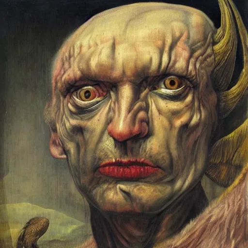 Image similar to a demonic eagle-eyed devil Jan Van eyck lucian freud odd nerdrum dragan bibin john steuart curry