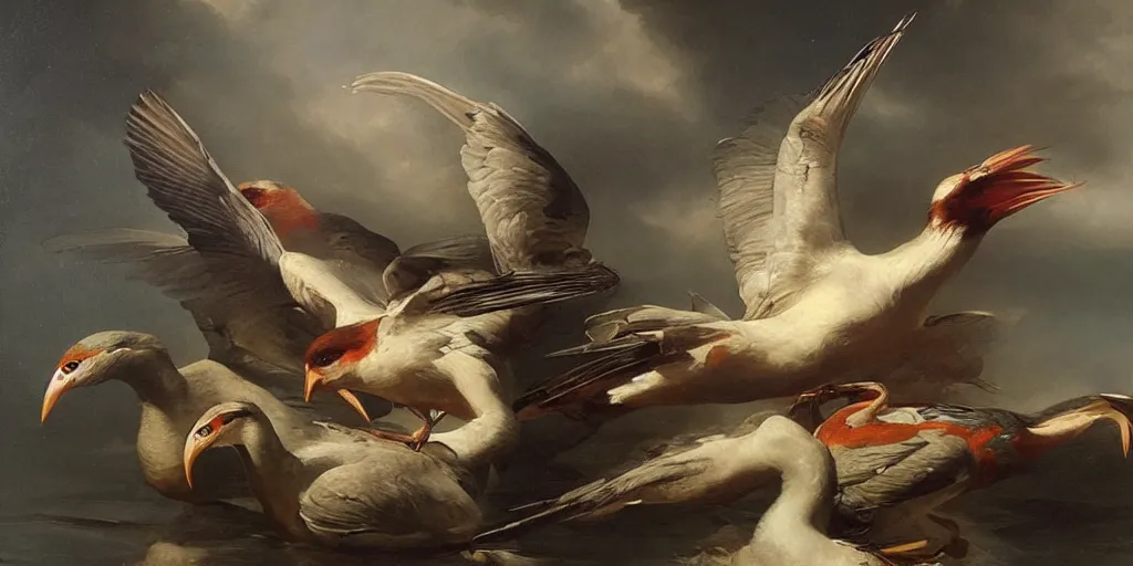 Prompt: highly detailed beautiful oil painting of birds, splash, sharp focus, dramatic, dynamic, lighting, elegant, harmony, beauty, masterpiece, by roberto ferri