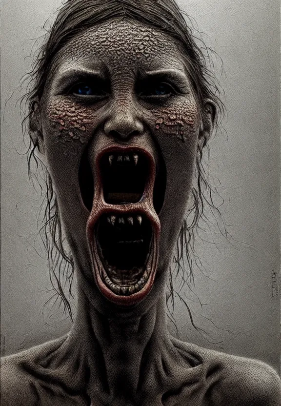 Image similar to ultra realist intricate detailed portrait of a single rugged attractive female screaming single mouth, full body, accurate features, apocalyptic, very intricate details, 8 k resolution, dim lighting, dramatic lighting, artstyle zdzisław beksinski, award winning