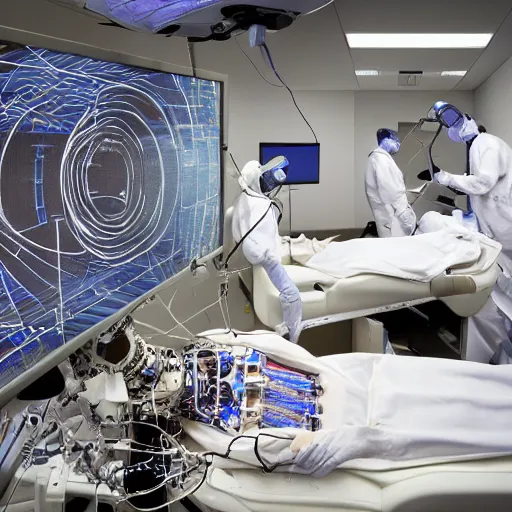Image similar to long shot portrait of a human flat on back during robotic surgery, artificially embellished with computer circuitry, wires, and devices, small displays with vital readings and graphs crowd the operating room, semi - opaque skin, piercing glare in the eyes, confused, dark bokeh in background, light from top right, diverse textures