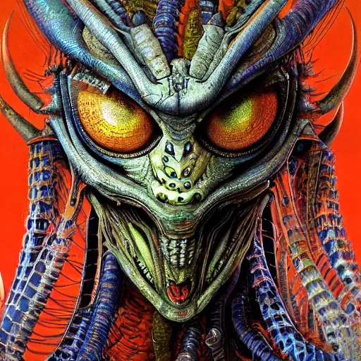 Prompt: a simple concept art portrait of a predatory robotic species. an award winning yoshitaka amano digital art poster color painting. a masterpiece by james gurney. poster colour on canvas.
