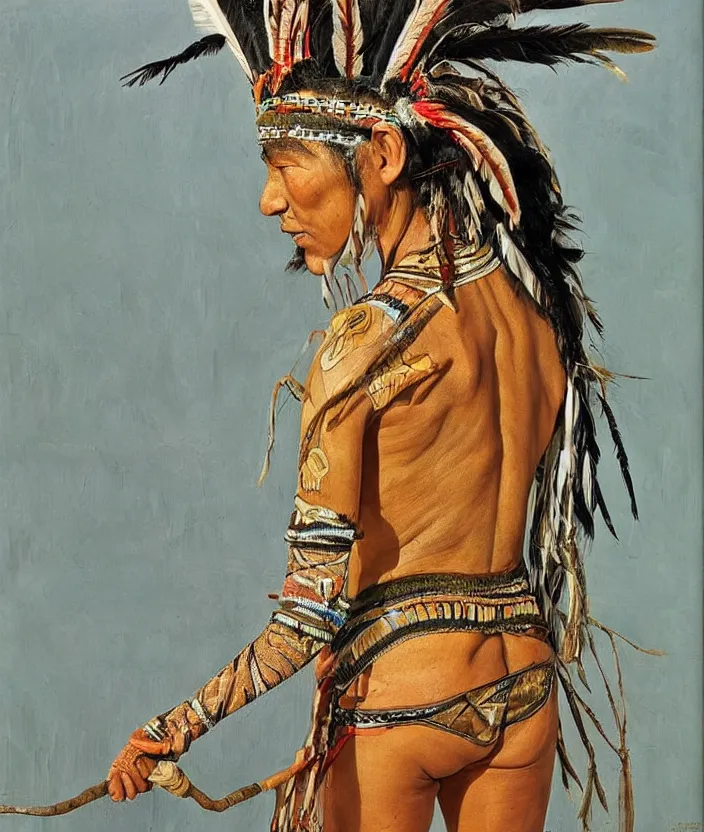 Prompt: full body shot picture of indigenous people young slim fit woman warrior in canyon, painted by lucian freud, intricate costume design, beautiful feathers, hd, super detailed, realistic