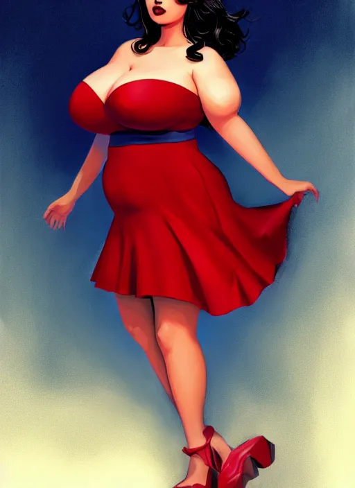 Image similar to full body portrait of teenage veronica lodge, obese, bangs, sultry, realistic, sultry smirk, wavy hair, red skirt, fat, belly, intricate, elegant, glowing lights, highly detailed, digital painting, artstation, concept art, smooth, sharp focus, illustration, art by wlop, mars ravelo and greg rutkowski