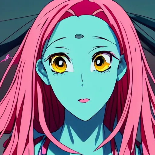 Prompt: stunningly beautiful gigantic omnipotent anime goddess with pink hair and mesmerizing cyan eyes, viewed from below, 8 k