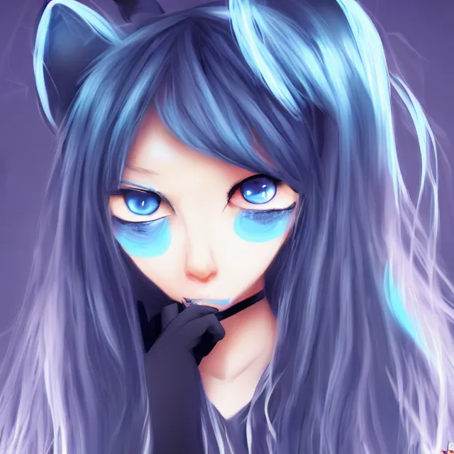 Image similar to anthro black cat with blue hair and blue eyes, pixiv, digital art