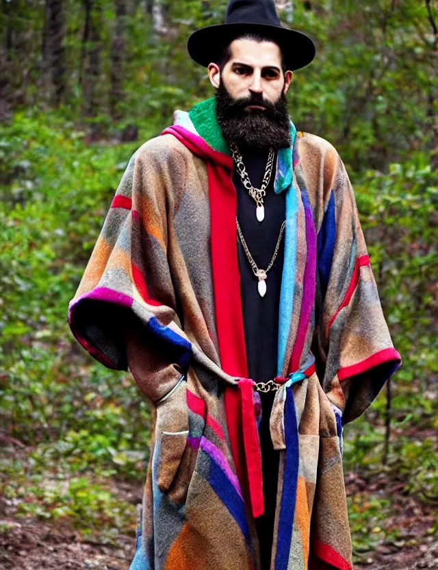 Prompt: longshot full modern detailed colorful cool handsewn textile cloak huge sleeves chiseled chin full beard shaved head nature creek river stream stones in the woods marc jacobs gucci robes chains necklace