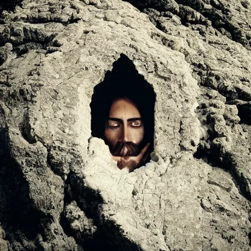 Prompt: Jesus Christ’s head sticking out from a tomb in a cliff side, cinematic perspective, movie shot, 8k, full hd