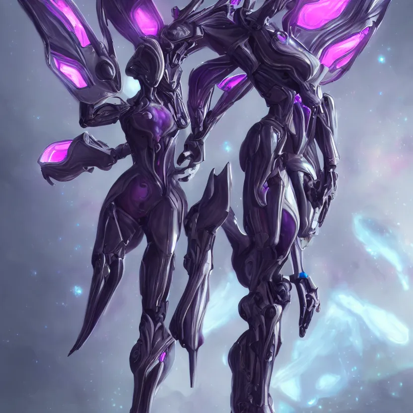 Prompt: cinematic front shot, cosmic sized proportional stunning beautiful hot female warframe, detailed robot mecha female dragon head, metal ears purple eyes, sleek silver armor, fuschia skin, floating in empty space, nebula sized, posing elegantly, epic proportions, epic size, epic scale, furry art, dragon art, giantess art, warframe fanart, furaffinity, deviantart