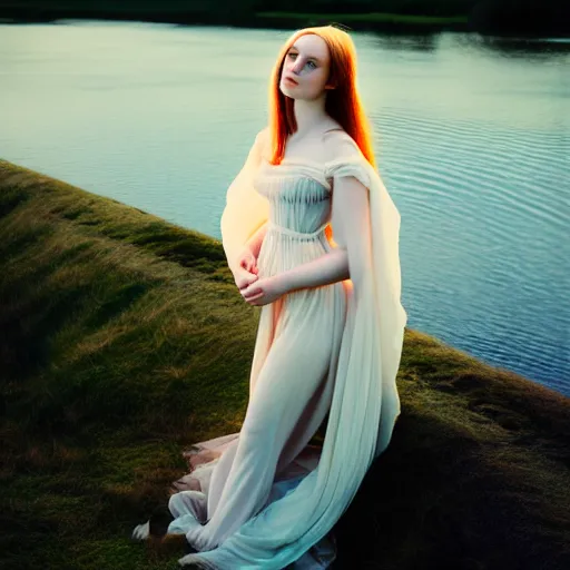 Prompt: photographic portrait of a stunningly beautiful english renaissance female model in soft dreamy light at sunset, beside the river, soft focus, contemporary fashion shoot, hasselblad nikon, by edward robert hughes