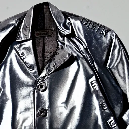 Image similar to a silver dirty jacket, retrofuturism