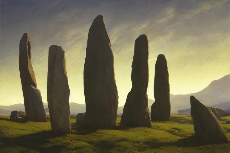 Image similar to circle of standing stones at dawn, dramatic cinematic lighting, rich colors, by William Dyce and ford madox brown and April Gornik and Caspar David Friedrich and Diego Rivera and Tyler Edlin and Nicholas Roerich, featured on artstation