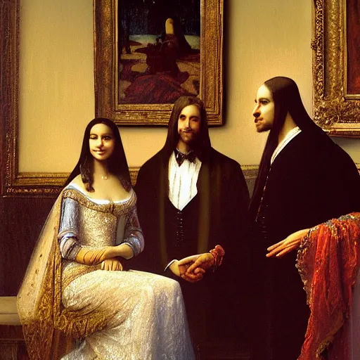 Image similar to detailed painting of prince william marrying attractive mona lisa, highly detailed painting by gaston bussiere, craig mullins, j. c. leyendecker 8 k, smiling couple, royal painting