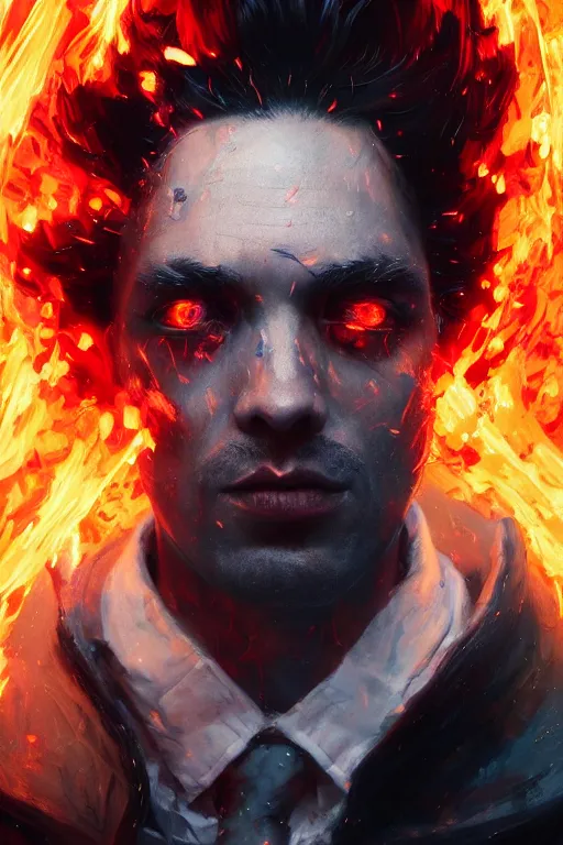 Image similar to a fancy portrait of a very mad mage covered in coloured flames by greg rutkowski, sung choi, mitchell mohrhauser, maciej kuciara, johnson ting, maxim verehin, peter konig, 8 k photorealistic, cinematic lighting, hd, high details,