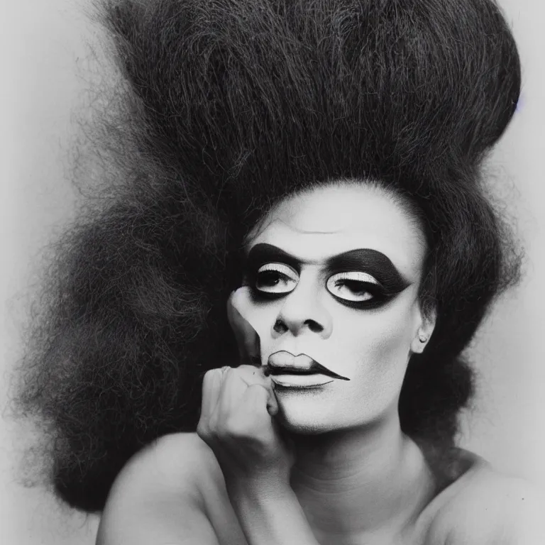 Image similar to photograph of a Drag queen in heavy makeup and a big wig by Robert Mapplethorpe