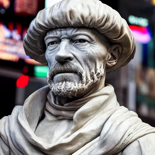 Image similar to a photograph of a very detailed renaissance sculpture of walter white wearing a phrygian cap in times square, made by michelangelo, from the distance, hyper detailed, sharp focus, 8 k resolution, ray tracing