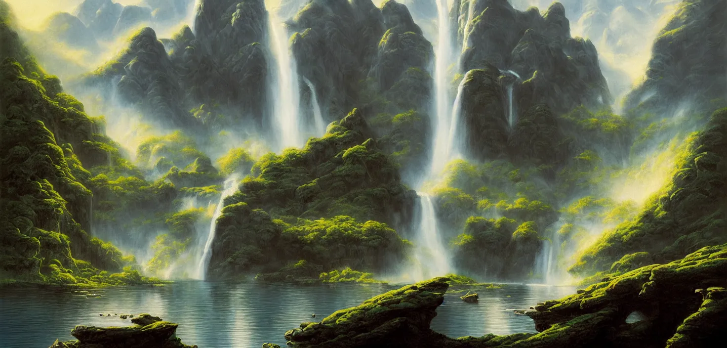 Image similar to a painting of a waterfall and a lake surrounded by mountains, a detailed matte painting by david a. hardy, featured on cgsociety, fantasy art, matte painting, 2 d game art, concept art