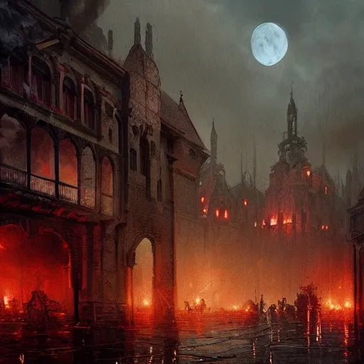 Image similar to A painting of a medieval city burning, dark fantasy, smoke rising from the buildings towards the skies, big red moon in the skies, rain, fog, hyper detailed, by Greg Rutkowski, trending on artstation