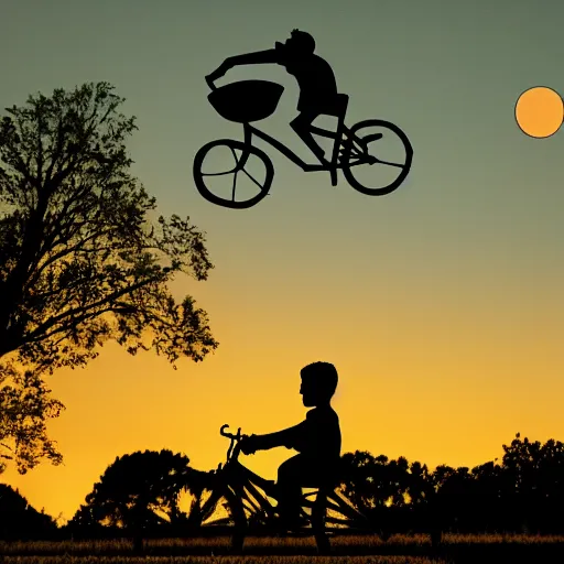 Prompt: a silhouette of a boy riding a bike with basket in front of it flying, a silhouette of trees and big grass, big shiny moon on the background